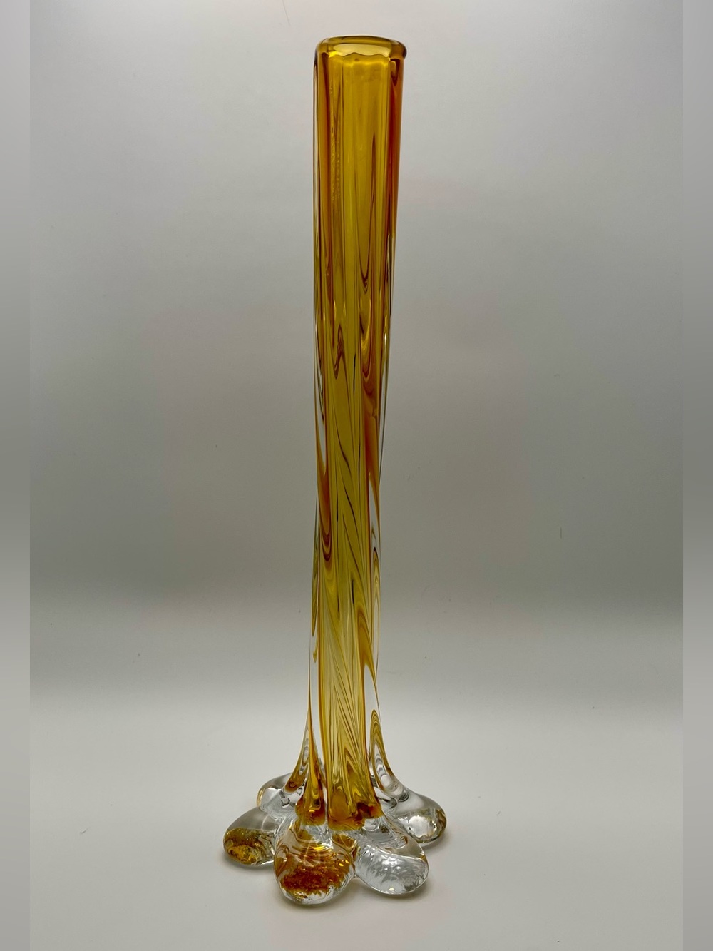 1970’s MCM Murano Style Twisted Honey Amber Swung Art Glass Bud Vase